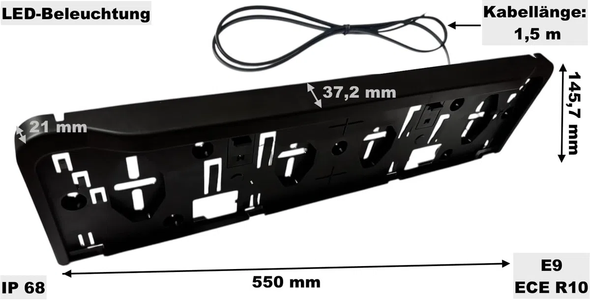 2X Soporte de matrícula con iluminación LED – Universal 12–36V – Homologación E9 / ECE R10 – IP68 – para Coches Camiones remolques y maquinaria agrícola