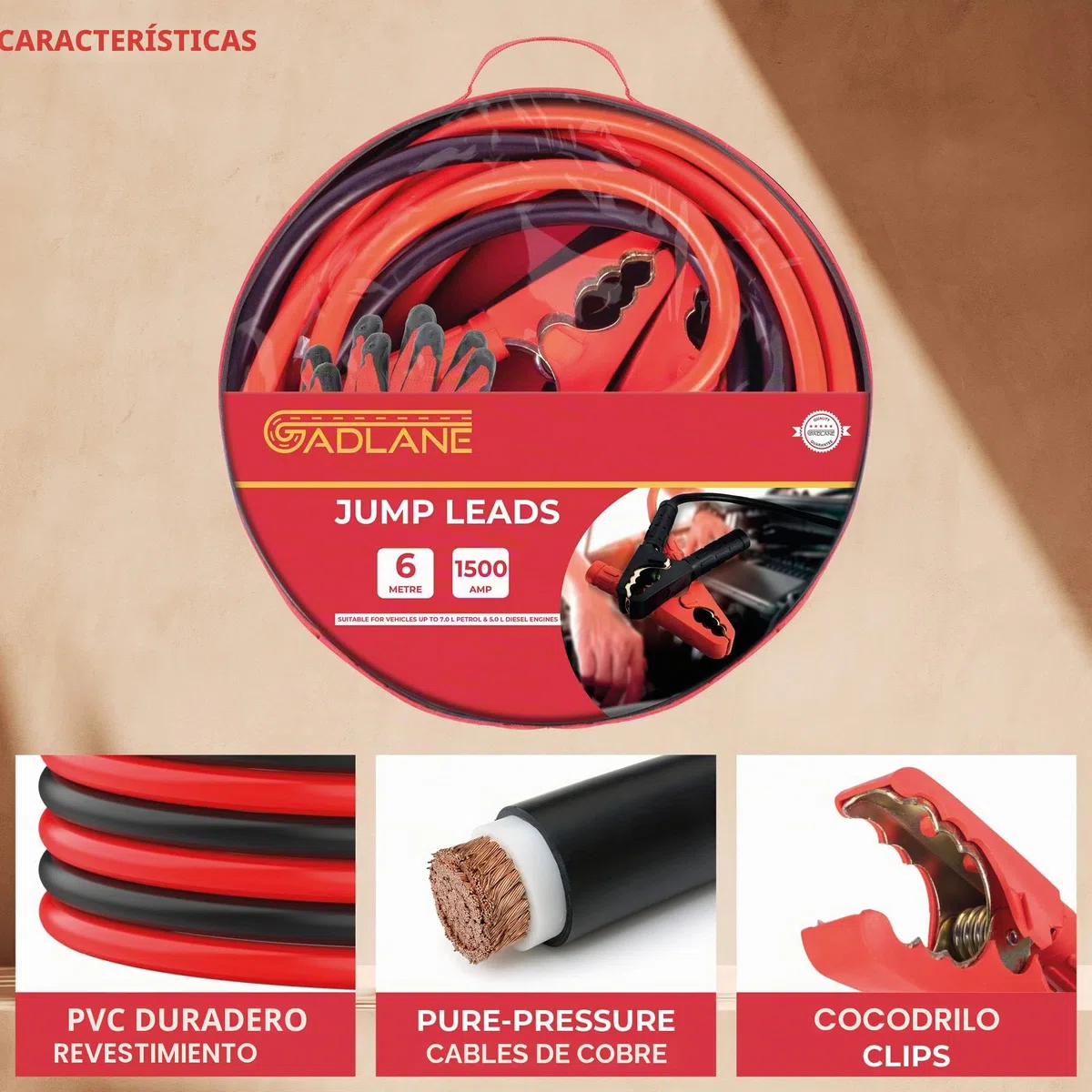 GADLANE Cables de salto de 6 m de largo, resistentes para batería de coche, cables de salto de 1500 amperios y 30 mm² de grosor con abrazaderas fuertes, para coches de gasolina y diésel (1500A)