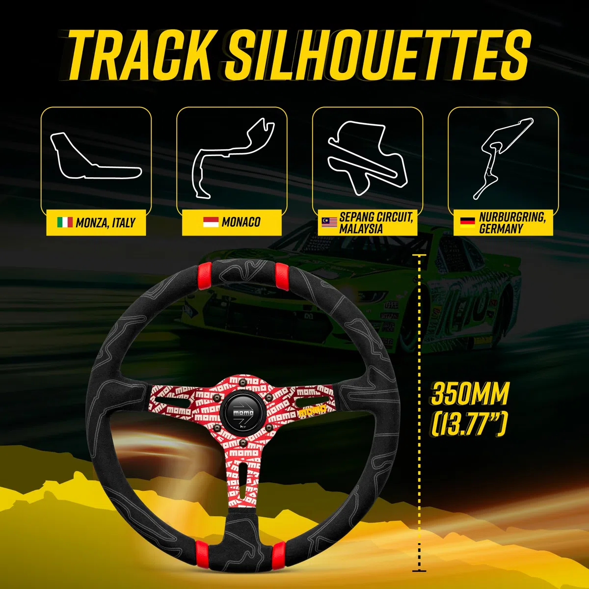 MOMO Street Volante – Ultra – Premium Race Track agarre de microfibra con rayas centrales dobles rojas y radios grabados MOMO – Parte # ULT35BK0RD