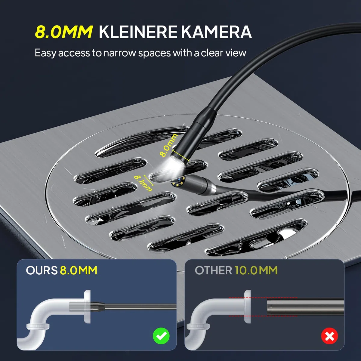 Endoscopio Camara de inspeccion, Qimic IP67 Impermeable endoscopio, Camara inspeccion tuberias con 8 Luces LED, Camara endoscopica, 50ft/15 m Cable Semi-Rígido