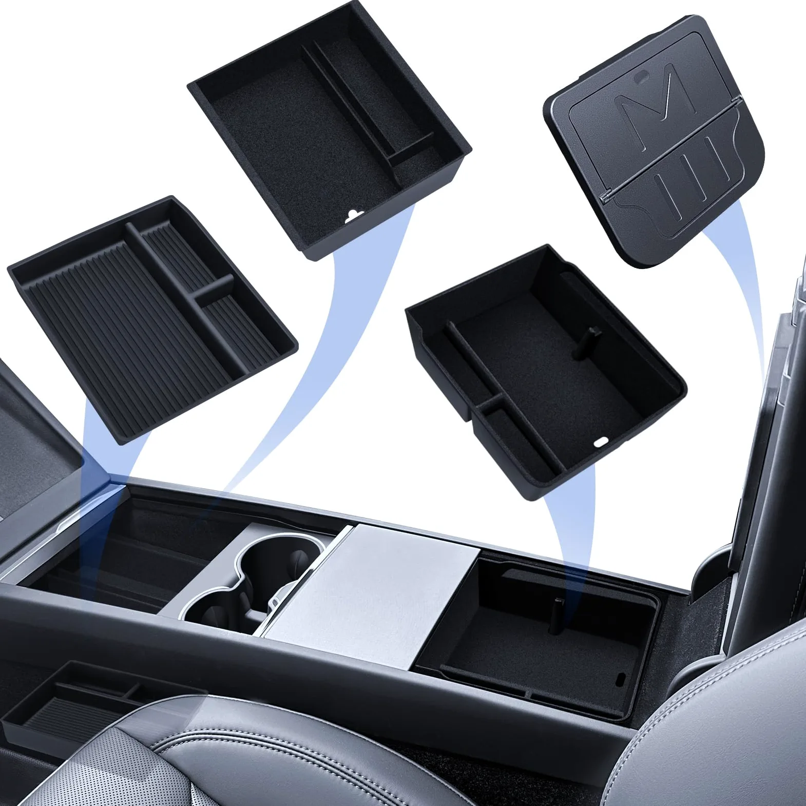 4 accesorios para Tesla Model 3 2024-2026 organizador de consola central, bandeja organizadora de silicona, caja de almacenamiento para reposabrazos y caja oculta (flocado)