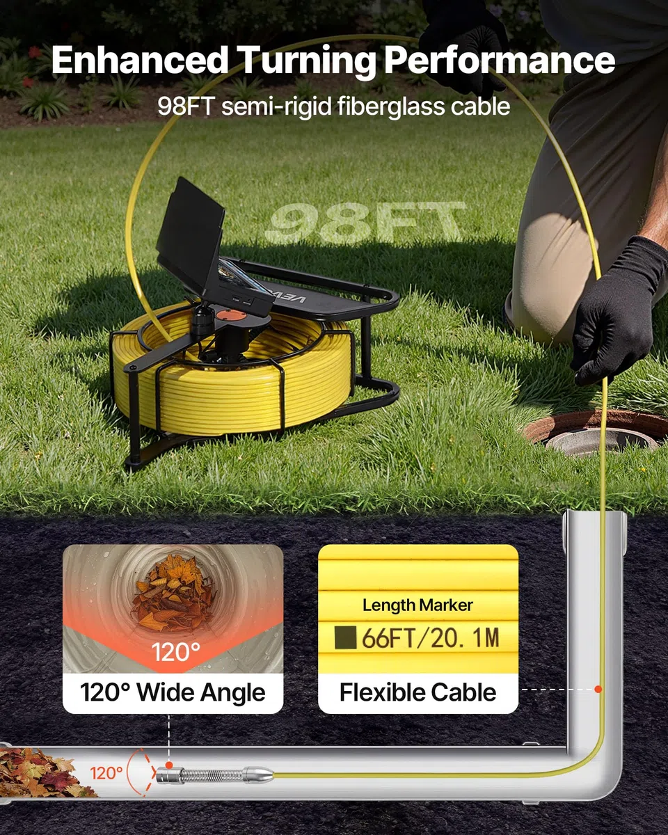 VEVOR Cámara de Inspección de Tuberías Cable de 30 m, Cámara Endoscópica con Pantalla a Color, Resistente al Agua IP68, con 6 LED, Tarjeta de 16 GB, Batería de 4500 mAh, para Alcantarillado Fontanería