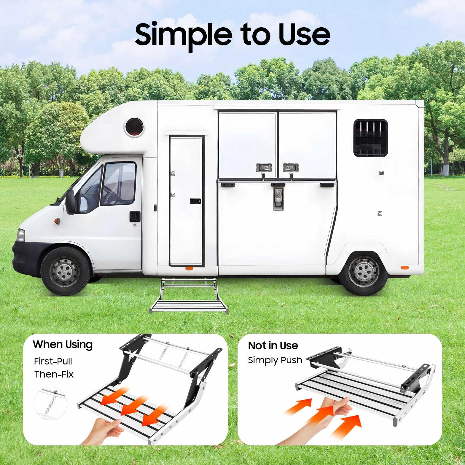 Paso de cremallera manual de una sola etapa, 55 cm, longitud del marco, 150 kg, capacidad de carga manual, aleación de aluminio, plegable con 4 tornillos, escalón manual para caravanas, remolques de