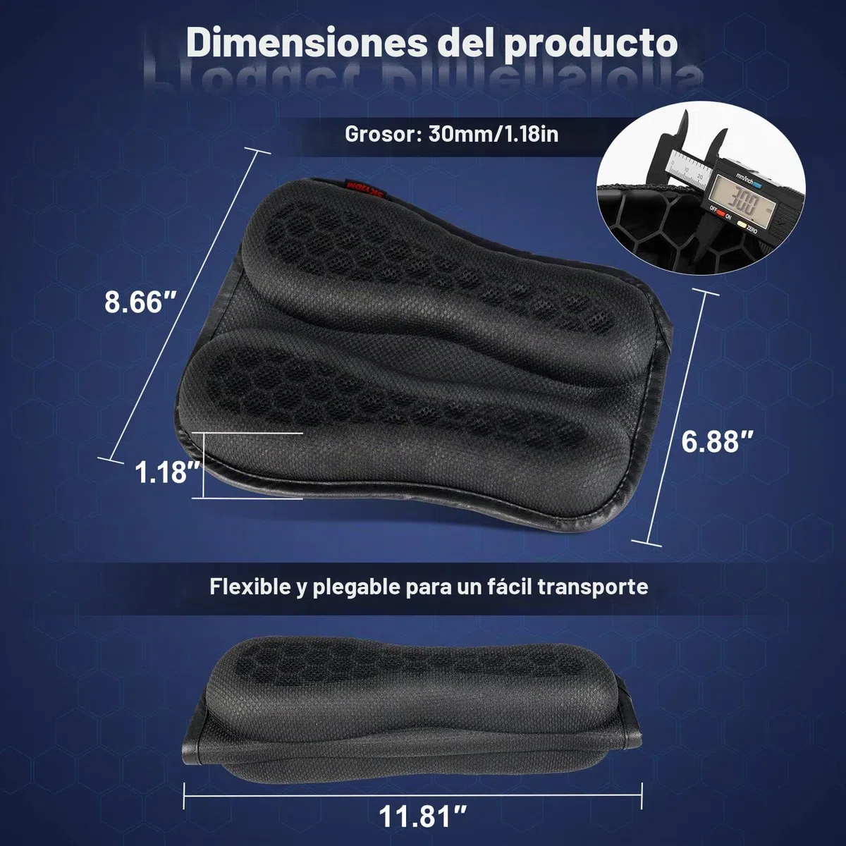Cojín Plegable de Gel para Asiento Trasero de Pasajero de Motocicleta, Estructura de Panal 3D, absorción de Impactos y Almohadilla de Gel Transpirable para Viajes Largos, Talla S