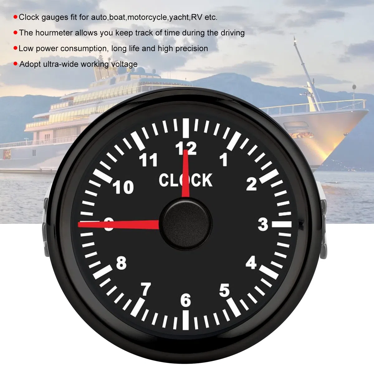 Medidor de Reloj con Esfera, Instrumento de Calibre de Reloj Universal de 52 Mm, 0 a 12 Horas, Luz de Fondo Roja, 12 V/24 V, para Coche, Barco, Yate, Motocicleta (marco negro)