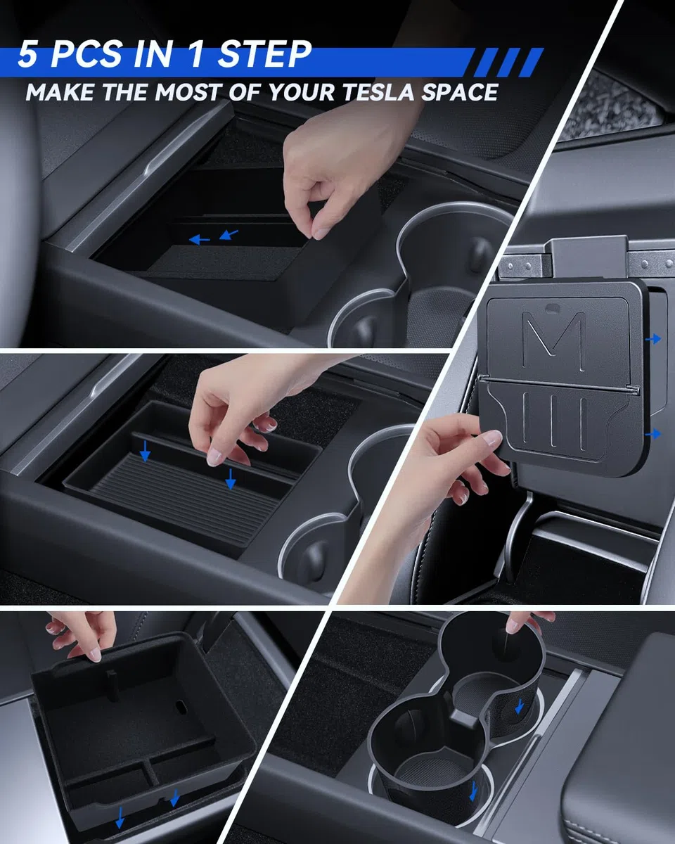 5 Pcs Accesorios para Tesla Model 3 2024-2026 Organizador de Consola Central, Bandeja de Silicona, Caja de Almacenamiento para Reposabrazos, Caja Oculta y Portavasos