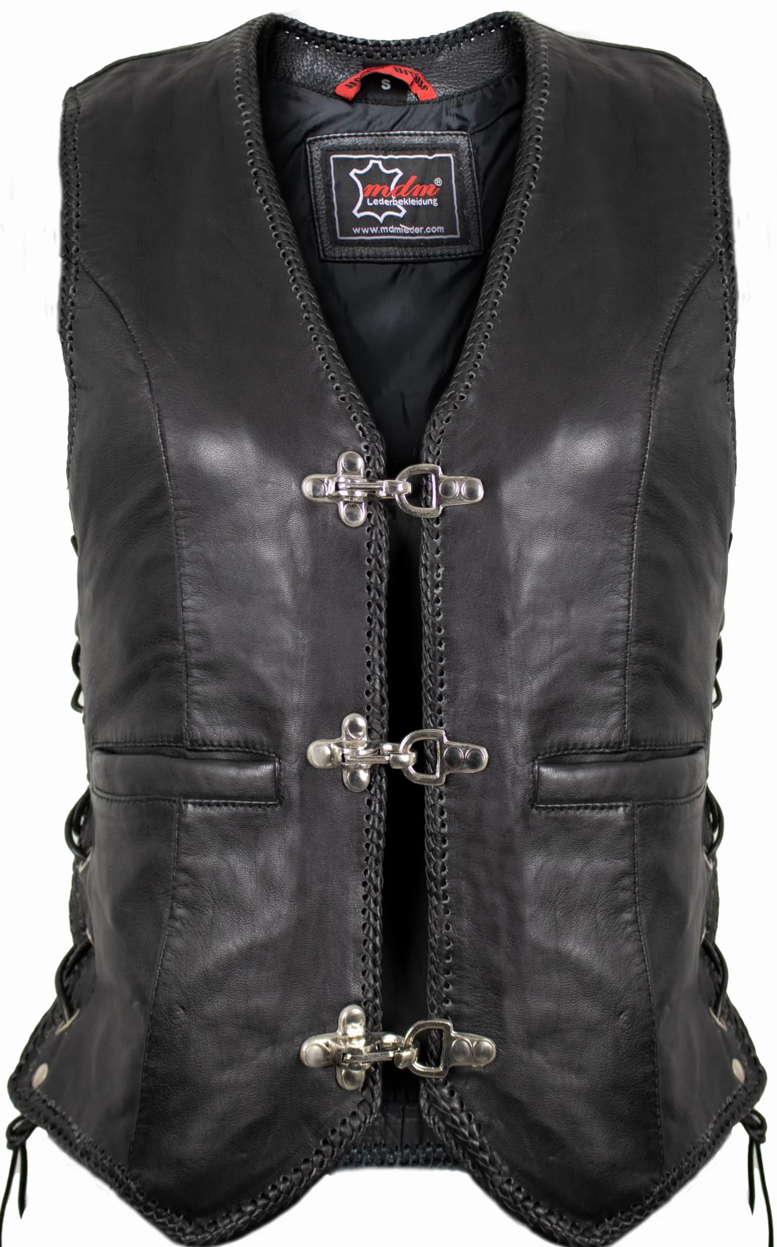 MDM Chaleco de cuero de cordero para mujer – Negro, Slim Fit, sin mangas, estilo biker