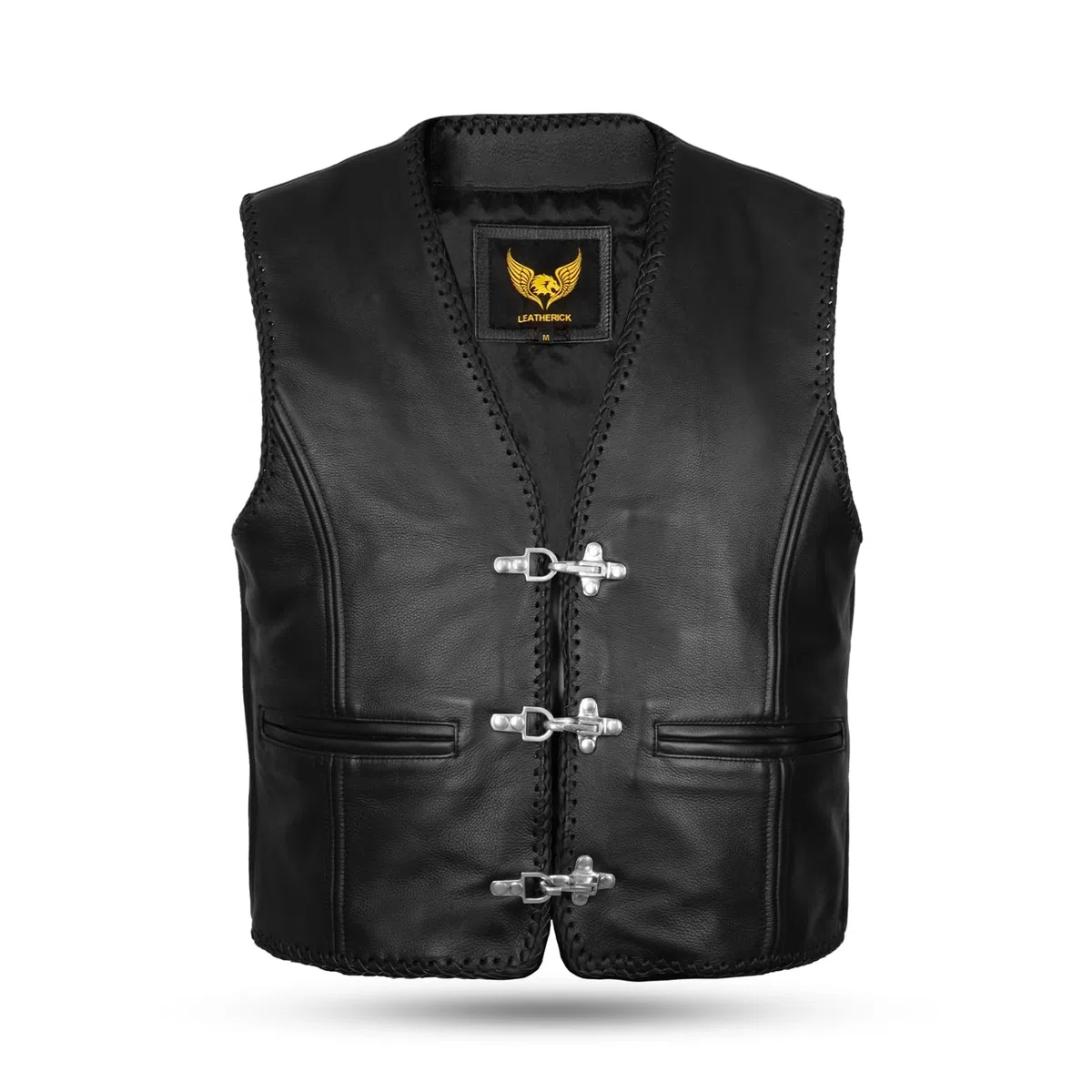 Leatherick Chaleco de motociclista de cuero genuino negro Chaleco de motociclista trenzado con hebilla de anzuelo