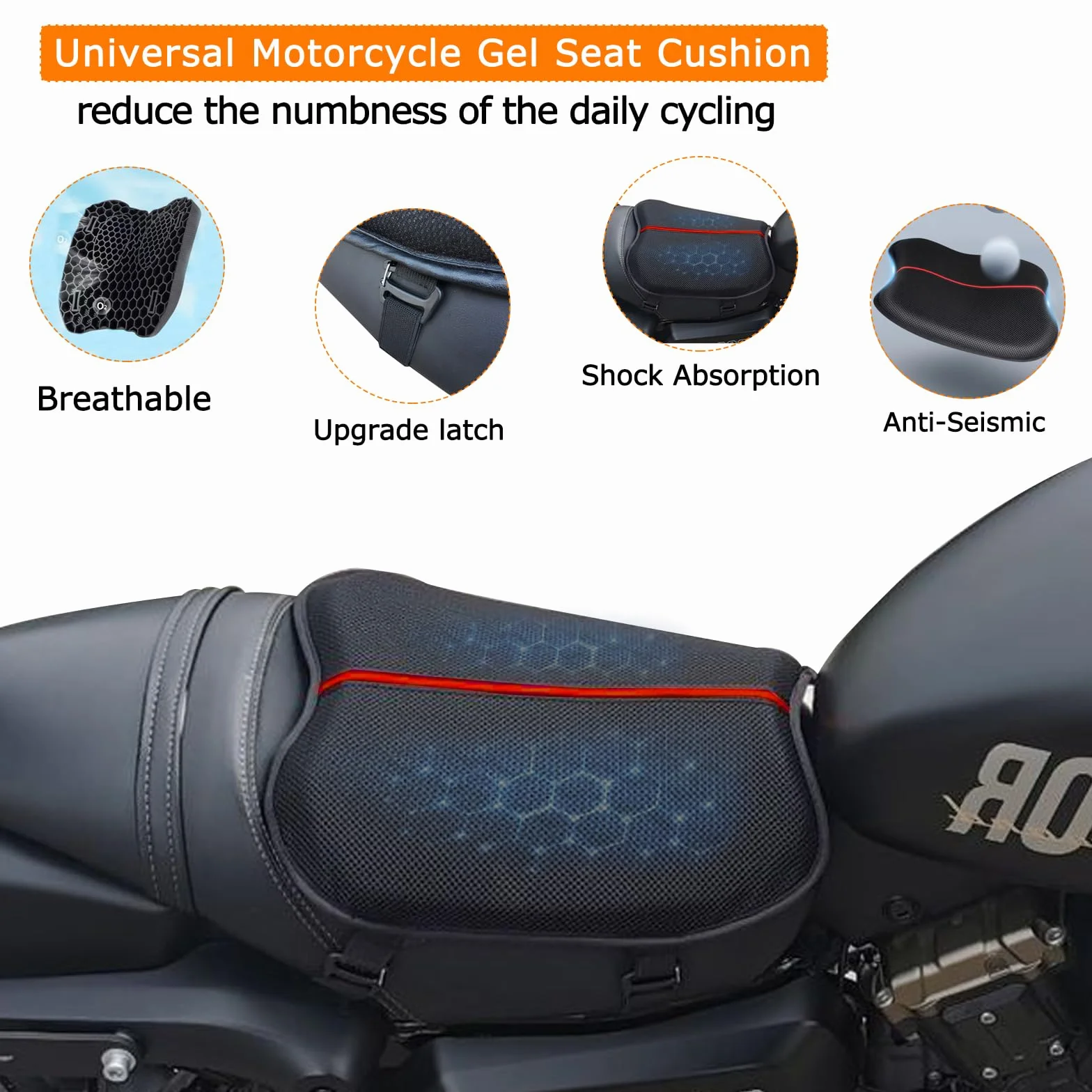 Cojín de Asiento, Cojín de Asiento de Gel para Moto Universal con Estructura Celular de Gel 3D Cojín de Asiento de Moto Impermeable Resistente al Sol, Amortiguador Cómodo Adecuado Para Viajes de Larga