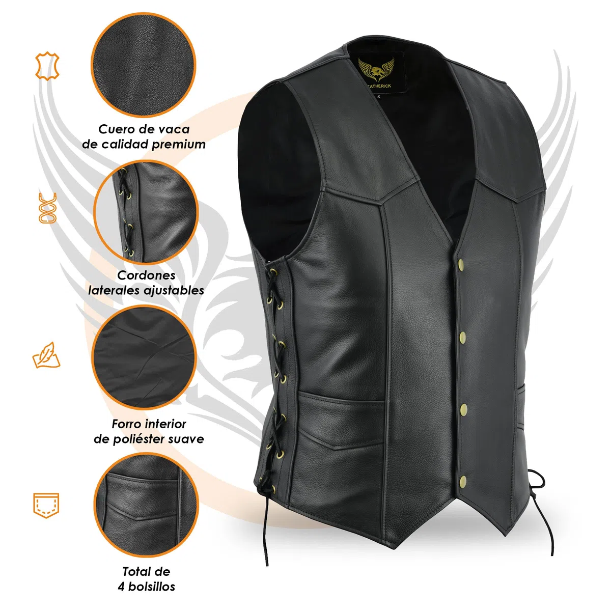 Leatherick Chaleco de cuero real para hombre con encaje lateral Estilo motero Moda casual
