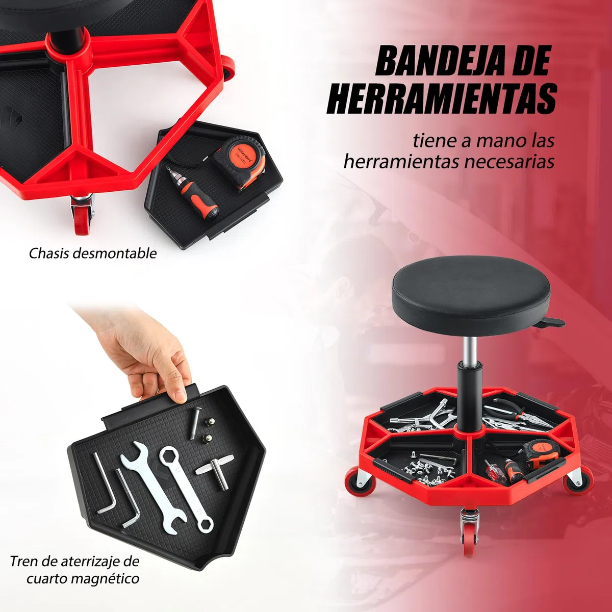 SOARS Taburete de Montaje Móvil, Taburete de Taller Regulable en Altura de 41 a 55 cm, Taburete Neumático Mecánico con Ruedas y Bandeja magnética extraíble para Herramientas, Carga 150 kg