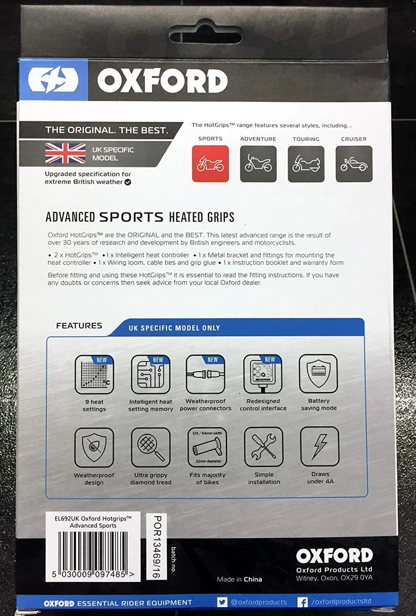 Oxford Hotgrips Advanced Sports Puños calefactables para Motocicleta, Unisex, Negro, Talla única