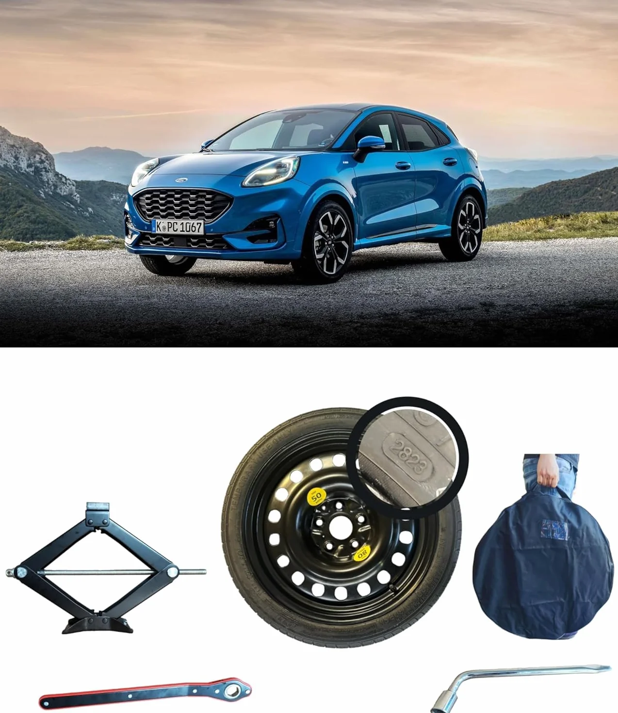 Rueda de emergencia de 17" compatible con Ford Puma con gato, llave y bolsa (clasificación de espacio)