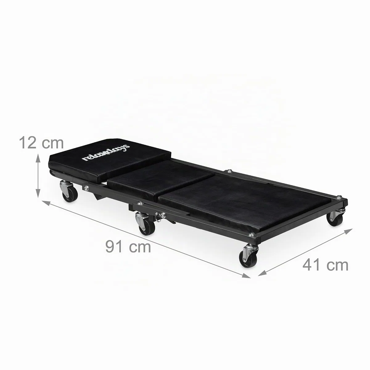 Relaxdays Camilla de Mecánico con Ruedas, Resiste 150 kg, Taburete Taller 2 en 1, Plegable, Giro 360º, para Coche, Negro