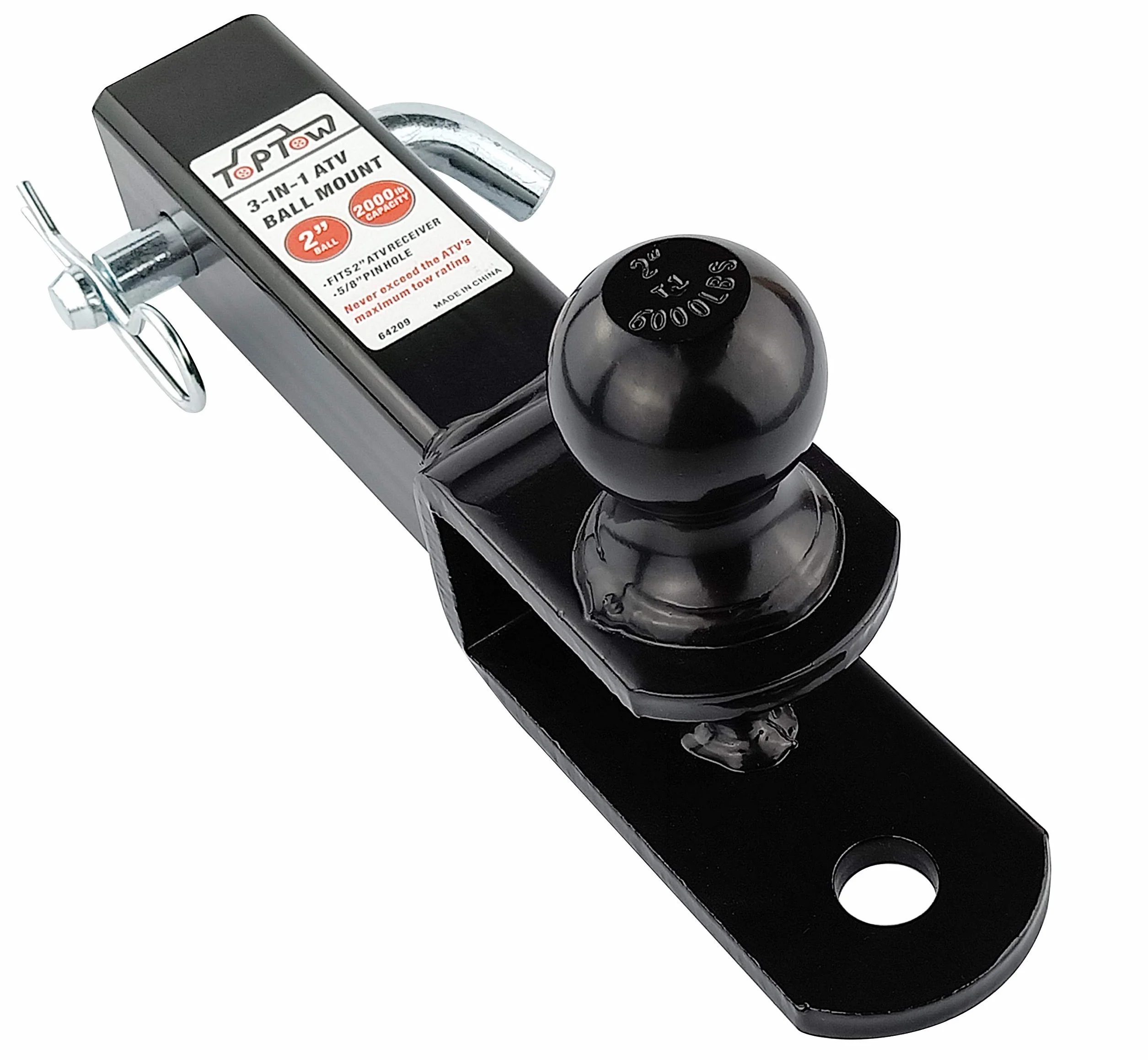 TOPTOW - Enganche de Bola para Remolque para cuatrimoto/UTV, Bola de 5 cm, Pasador de grillete, se Adapta a Receptor de 5 cm
