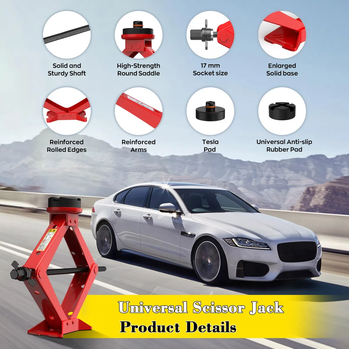 IMAYCC Nuevo Gato para Coche 2.5T/2500kg, Kit de Gato Coche Universal con 2 Piezas Bloque de Goma, Portátil Kit de Emergencia con Llave de Tuercas de Rueda para SUV MPV Tesla