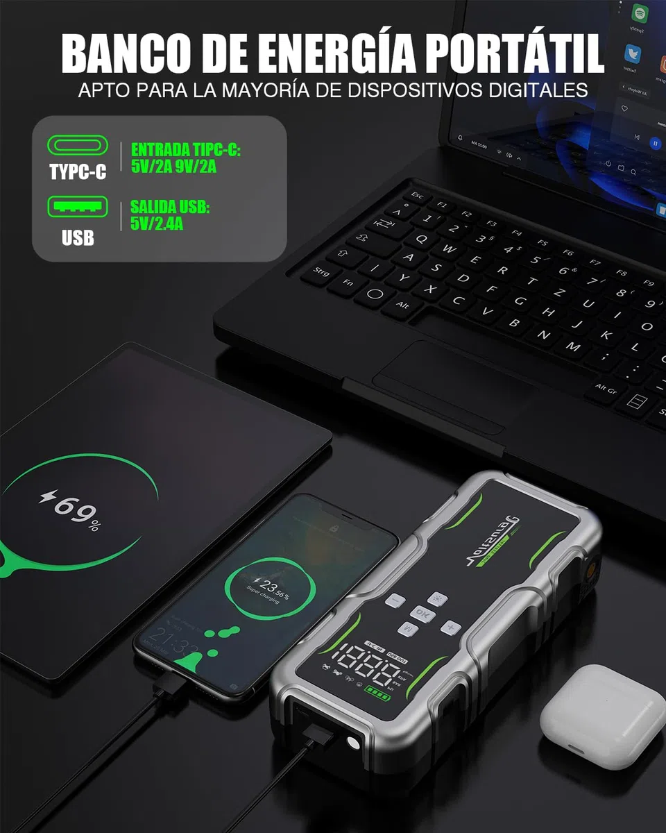 7000A Arrancador de Baterias de Coche con Compresor de Aire, Arrancador de Coches con 160PSI Inflador de Neumáticos, 12V Jump Starter (Todo Gasolina o 12L Diésel) con Pinzas de Seguridad, Lumen LED
