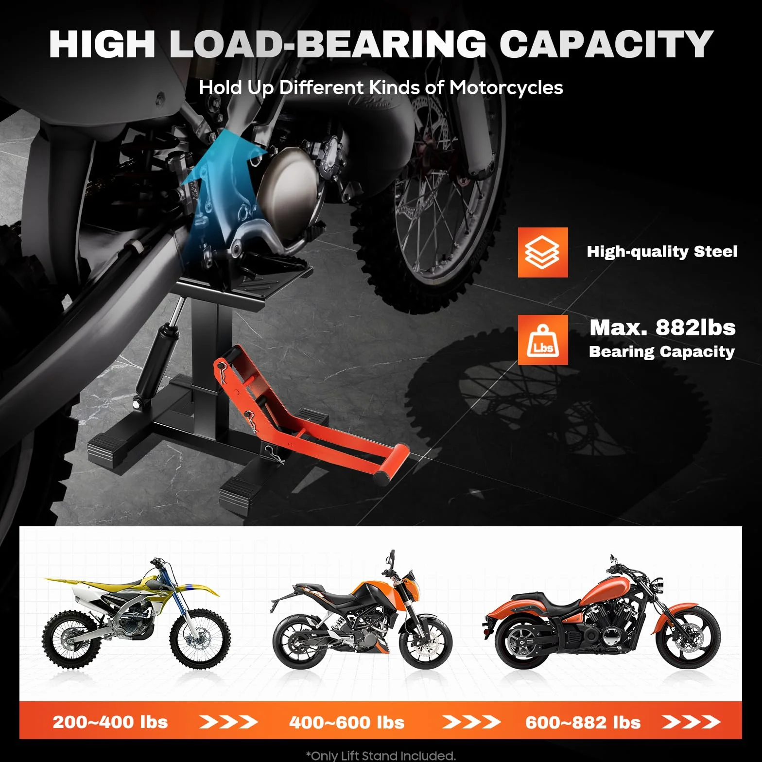 Soporte hidráulico para motocicleta de hasta 400 kg, altura ajustable de 25 a 40 cm, soporte de motor para el mantenimiento de motocicletas