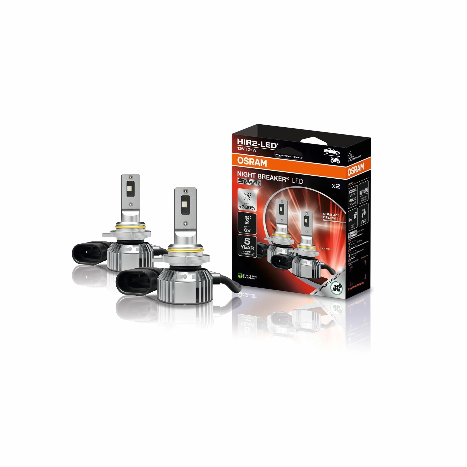 OSRAM NIGHT BREAKER LED SMART HIR2; hasta un 330% más de brillo; 6000 K, luz LED de carretera y de cruce con homologación para circular por carretera