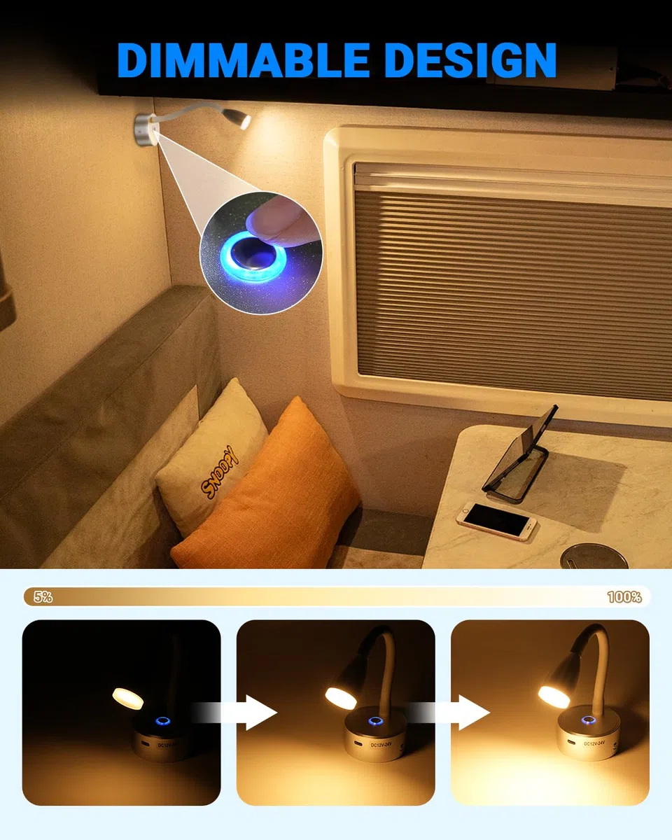 SUPAREE Lampara 12V LED Caravana Lámparas LED 12V Autocaravana Luces LED 12V Camper Cuello de Cisne con puerto USB C Interruptor tactil Regulable 3000K Acrílico 2Pcs
