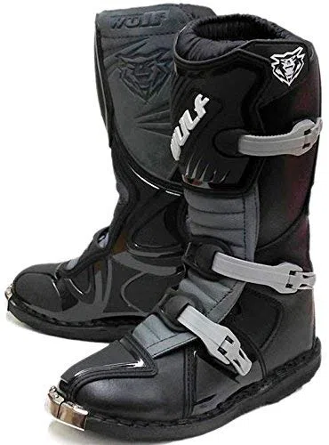MOTORBIKE WULFSPORT WULF KIDS LA MX ENDURO BOOTS Motorcycle Motocross Cub LA Junior Quad ATV BMX MTB Off Road Sport Racing Armour Boots BLACK (UK 6 / EU 39)