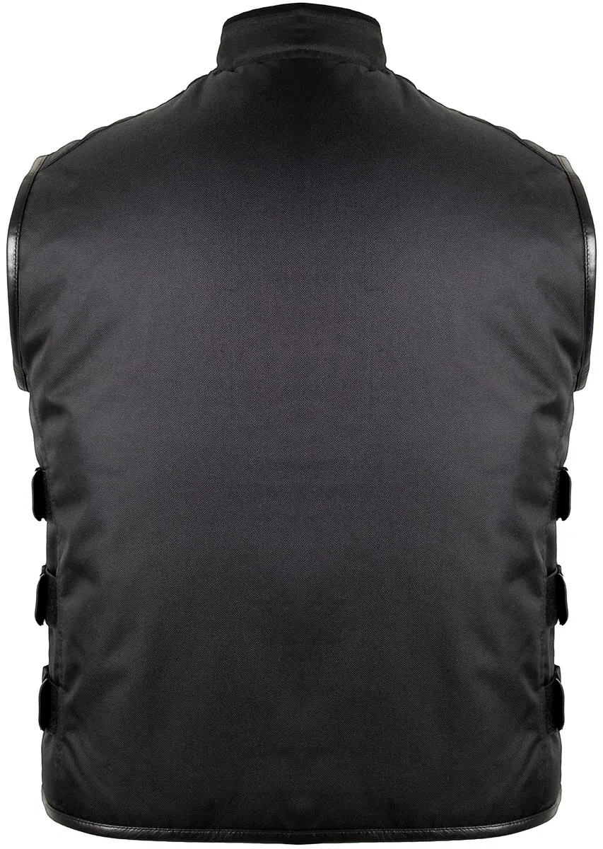 MDM Chaleco Biker de Tela – Negro, Cortaviento y Repelente al Agua, Laterales Ajustables, Hombros Acolchados, Bolsillos Interiores y Exteriores