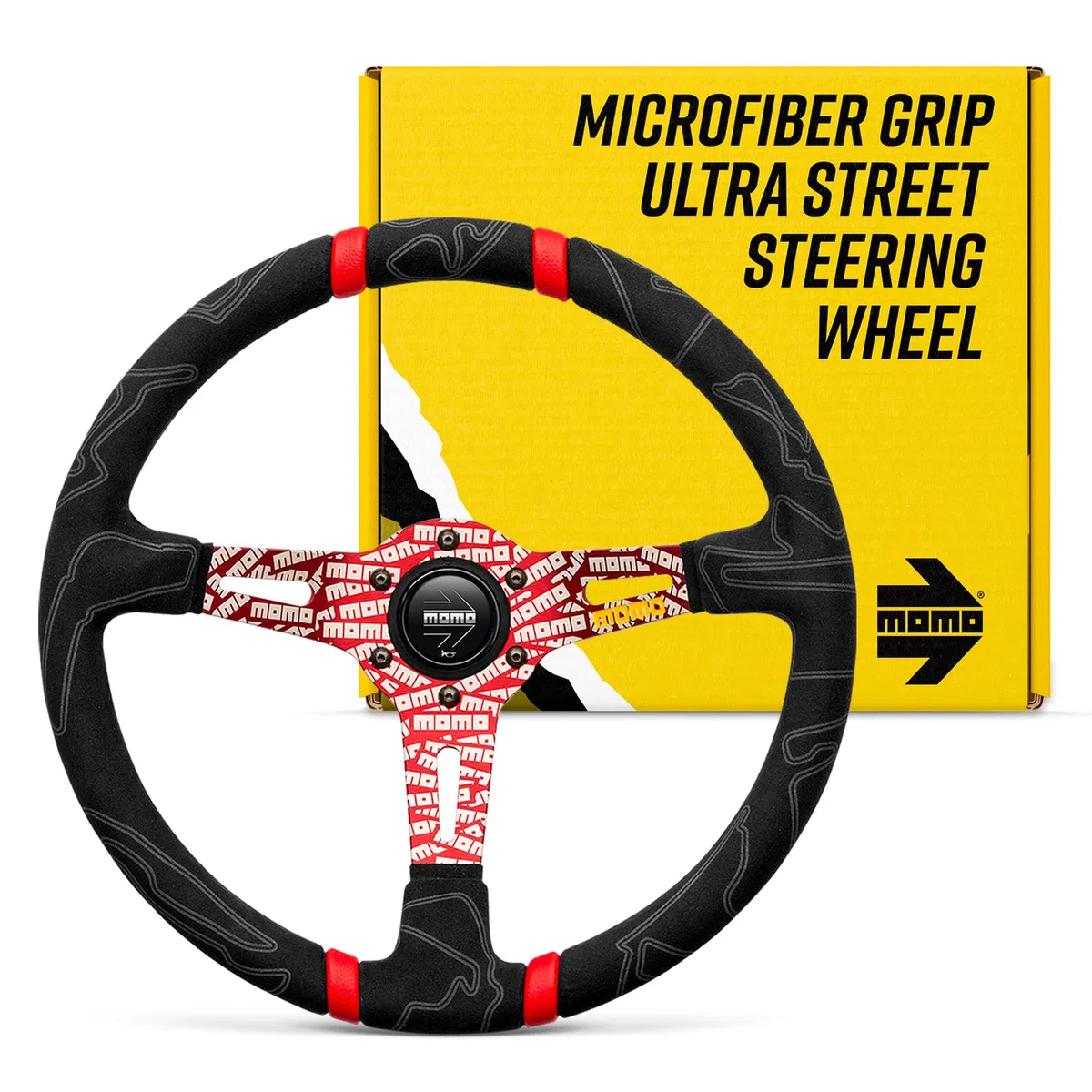 MOMO Street Volante – Ultra – Premium Race Track agarre de microfibra con rayas centrales dobles rojas y radios grabados MOMO – Parte # ULT35BK0RD
