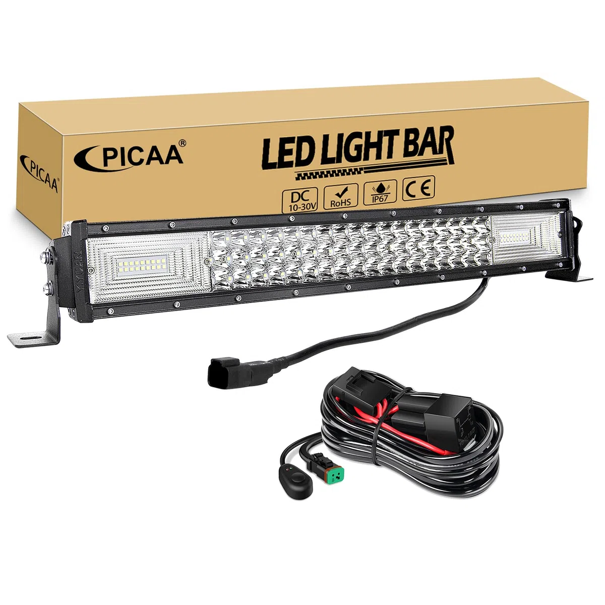 PICAA Barra LED 4x4 22 Pulgadas 270W con DT Cableado Kit, Tri-Fila Luz de Trabajo 12V 24V 6000K Blanco para Coche, Camión y Todoterreno
