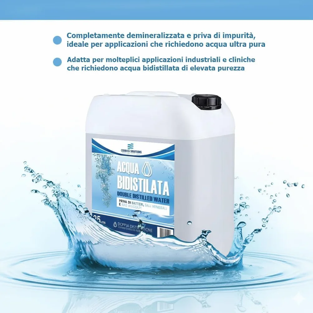 Agua bidestilada pura para uso industrial y clínico, bidón de 10 litros, destilada dos veces, desmineralizada, fabricada en Italia