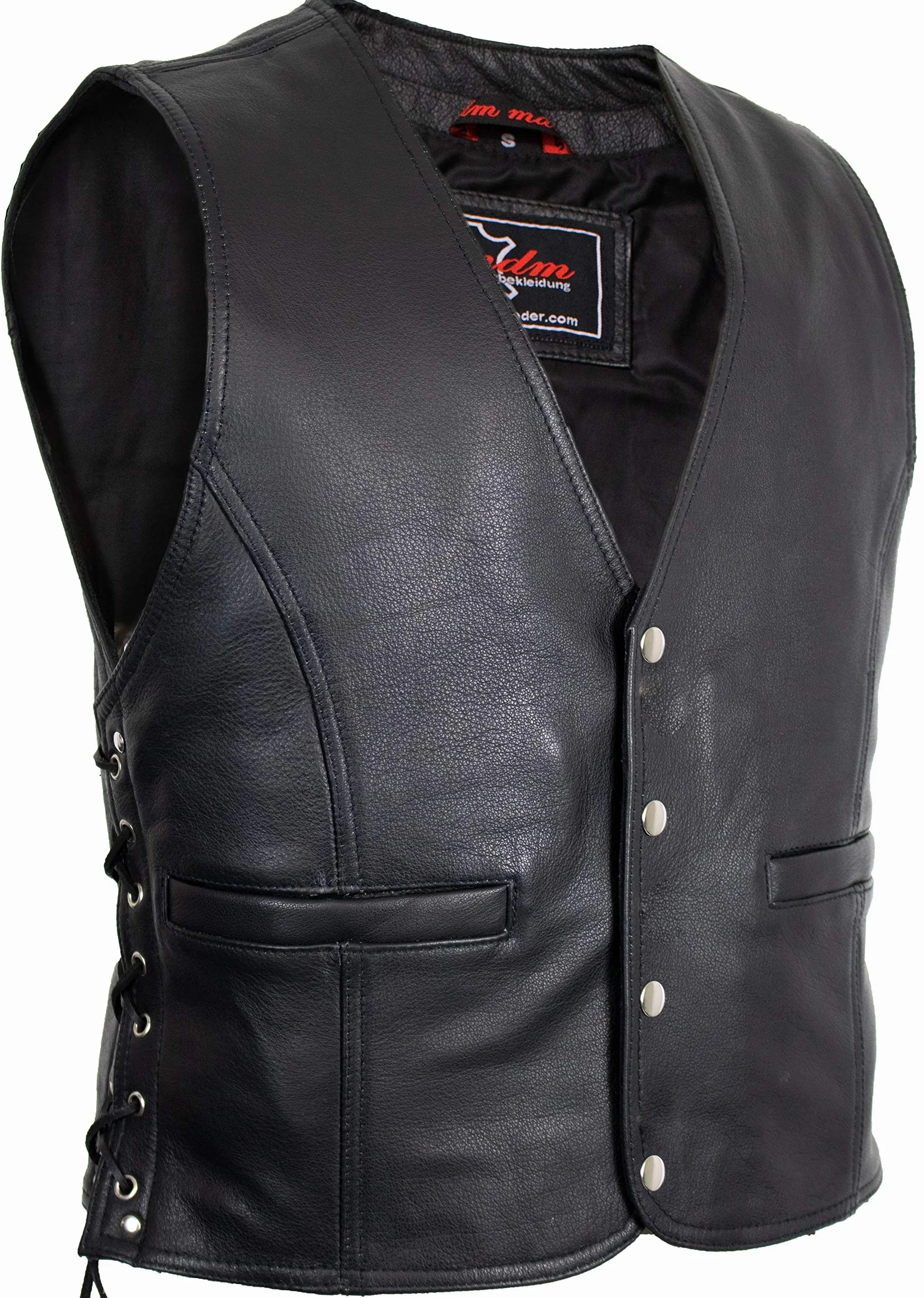MDM Chaleco cuero moto hombre negro – estilo motero custom con botones de presión y cordones laterales