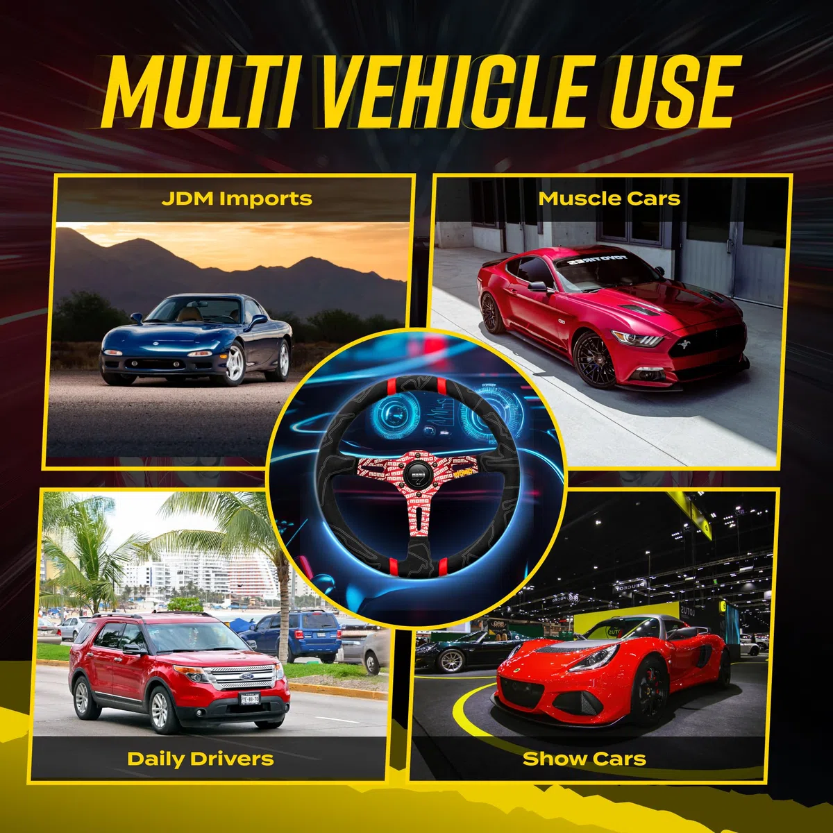 MOMO Street Volante – Ultra – Premium Race Track agarre de microfibra con rayas centrales dobles rojas y radios grabados MOMO – Parte # ULT35BK0RD