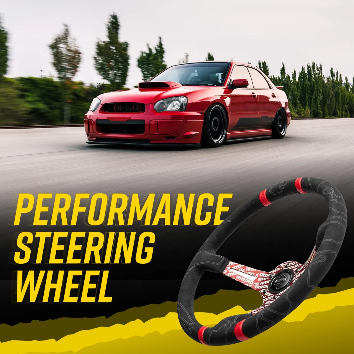 MOMO Street Volante – Ultra – Premium Race Track agarre de microfibra con rayas centrales dobles rojas y radios grabados MOMO – Parte # ULT35BK0RD
