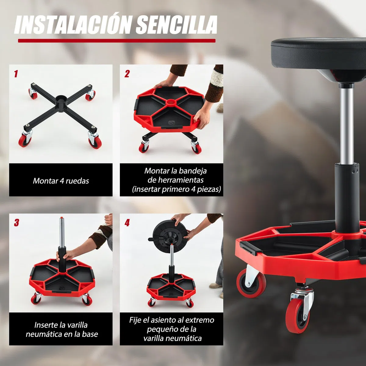 SOARS Taburete de Montaje Móvil, Taburete de Taller Regulable en Altura de 41 a 55 cm, Taburete Neumático Mecánico con Ruedas y Bandeja magnética extraíble para Herramientas, Carga 150 kg