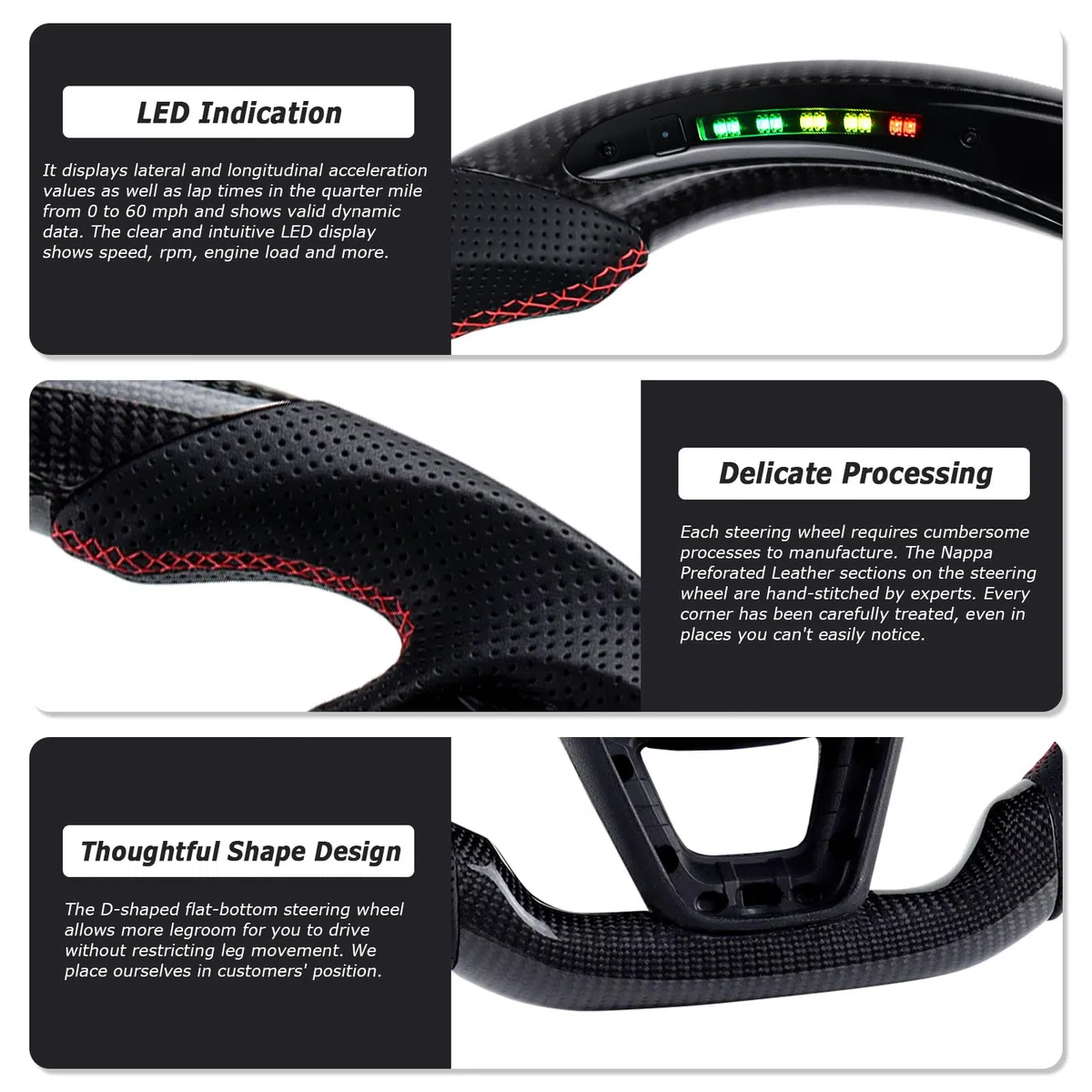 Volante de fibra de carbono, volante de cuero en forma de D, parte inferior plana, indicador de cambio LED, mango de cuero perforado para Seat Cupra Leon MK3 2013-2019