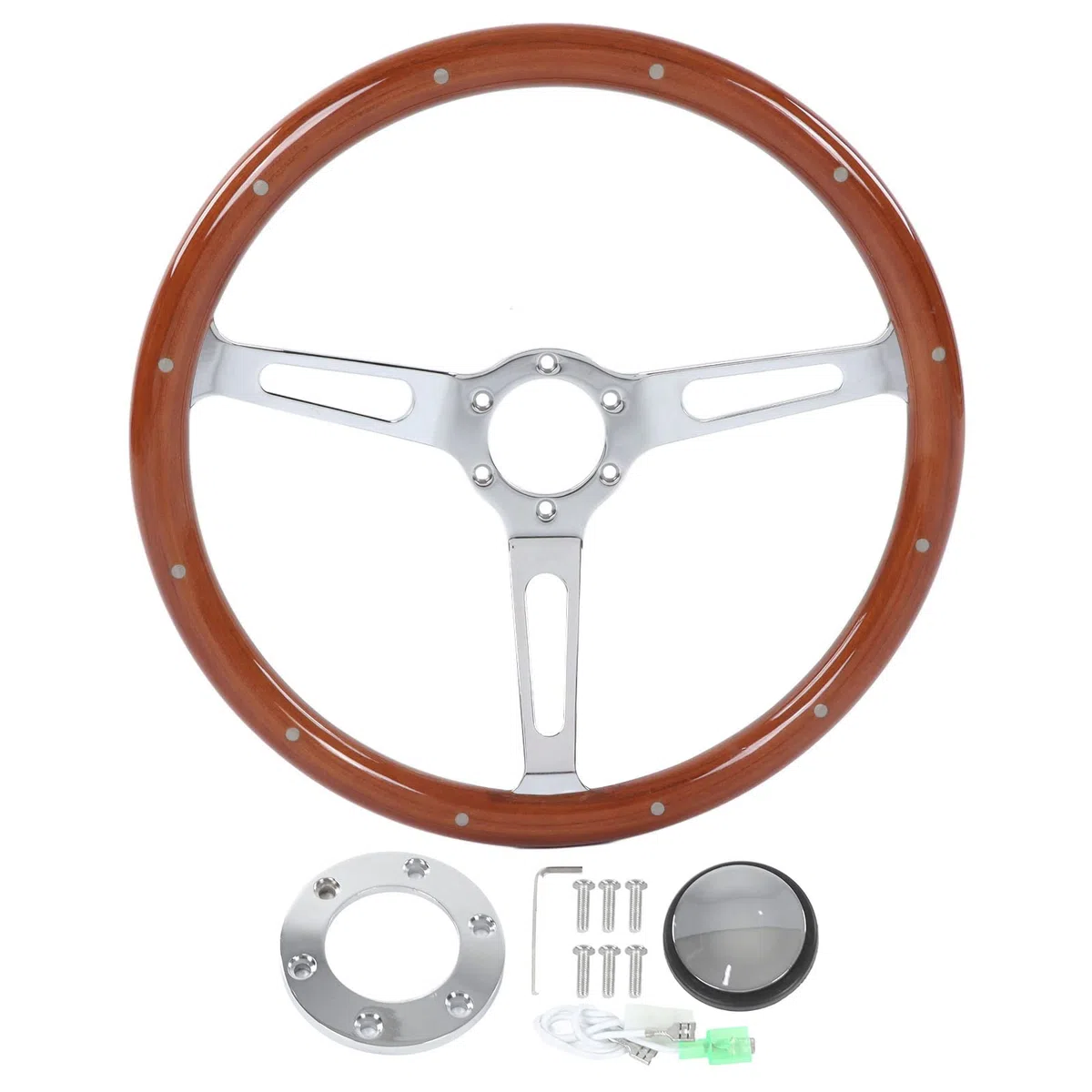 Fydun Volante Clásico Universal de 380 Mm (15 Pulgadas) - Montaje Antiguo, Madera Con Agarre de Nuez, 3 Radios Remachados, 6 Agujeros - Modificación de Coche (Marrón)